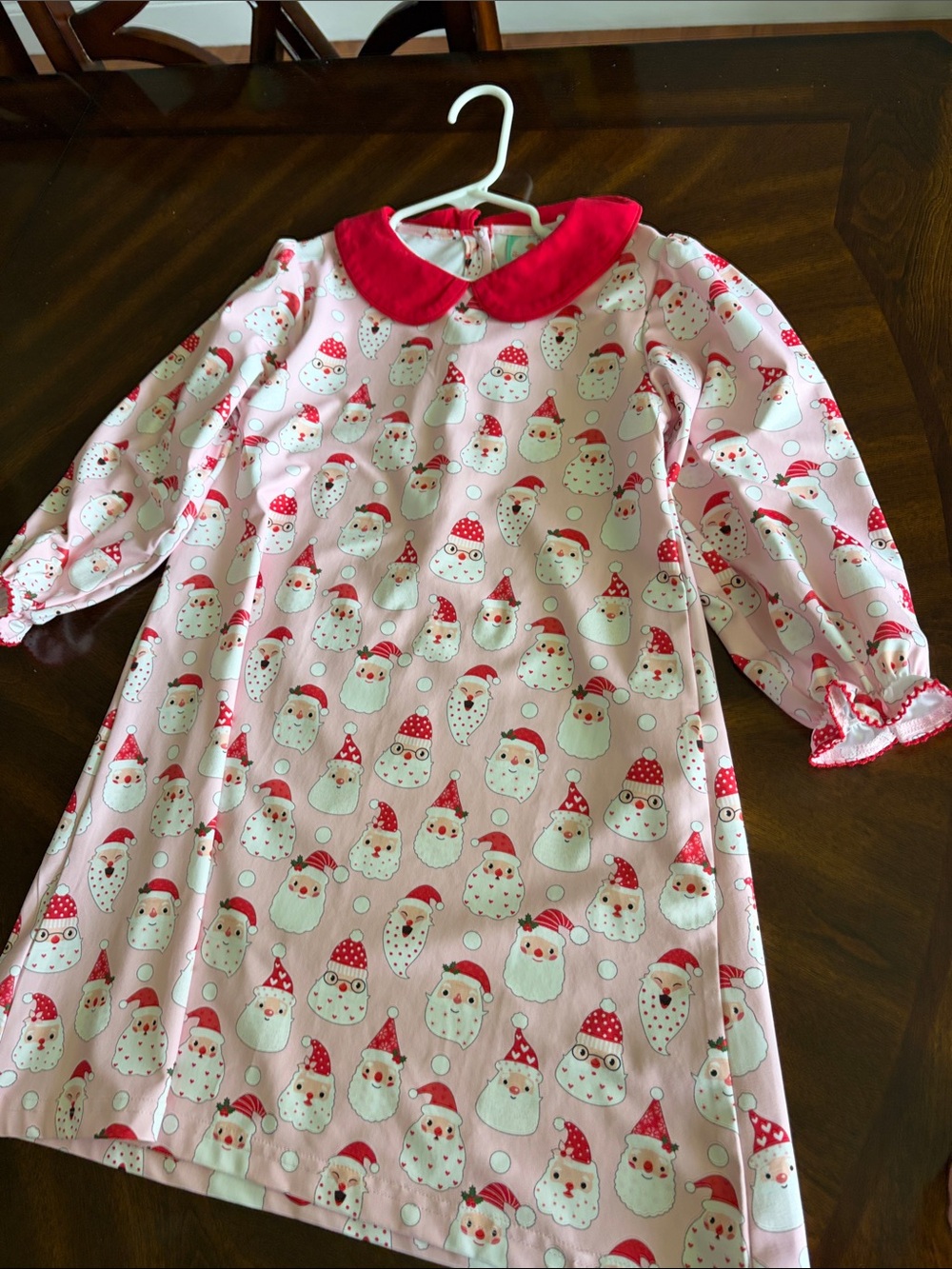 Christmas dress with Santa, red collar, buttons in the back